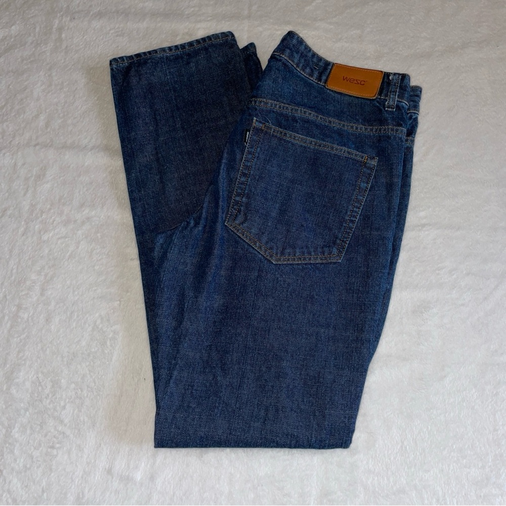 WESC Button Fly Jeans Mens Size 33X34 Straight Leg Blue Jeans Dark Wash  EUC